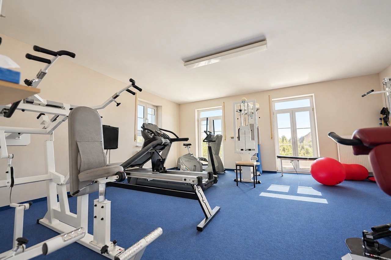 Blick in den Trainingsraum mit Trainingsgeräten, Gymnastikbällen und Tageslicht