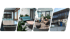 Collage moderner Büroräume mit Konferenztisch, blauer Sitzbank, Lounge-Bereich und der Außenansicht eines Bürogebäudes.