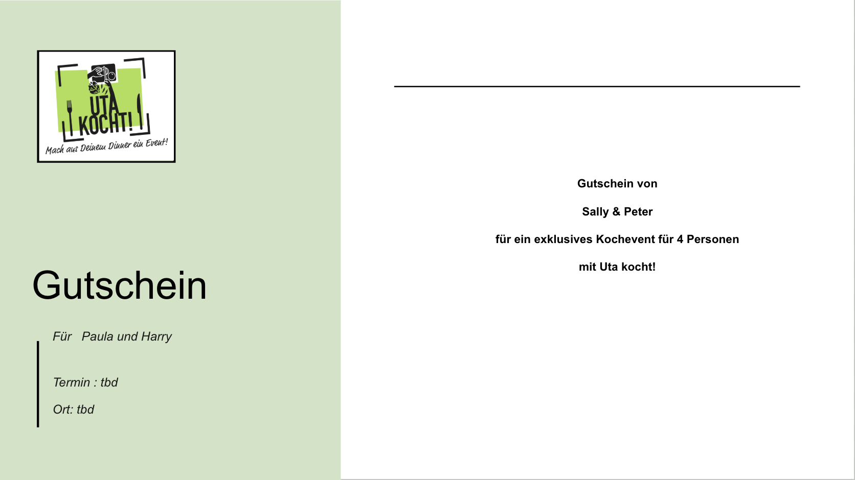 Gutschein von Uta kocht! — Beispiel für einen persönlich ausgestellten Gutschein