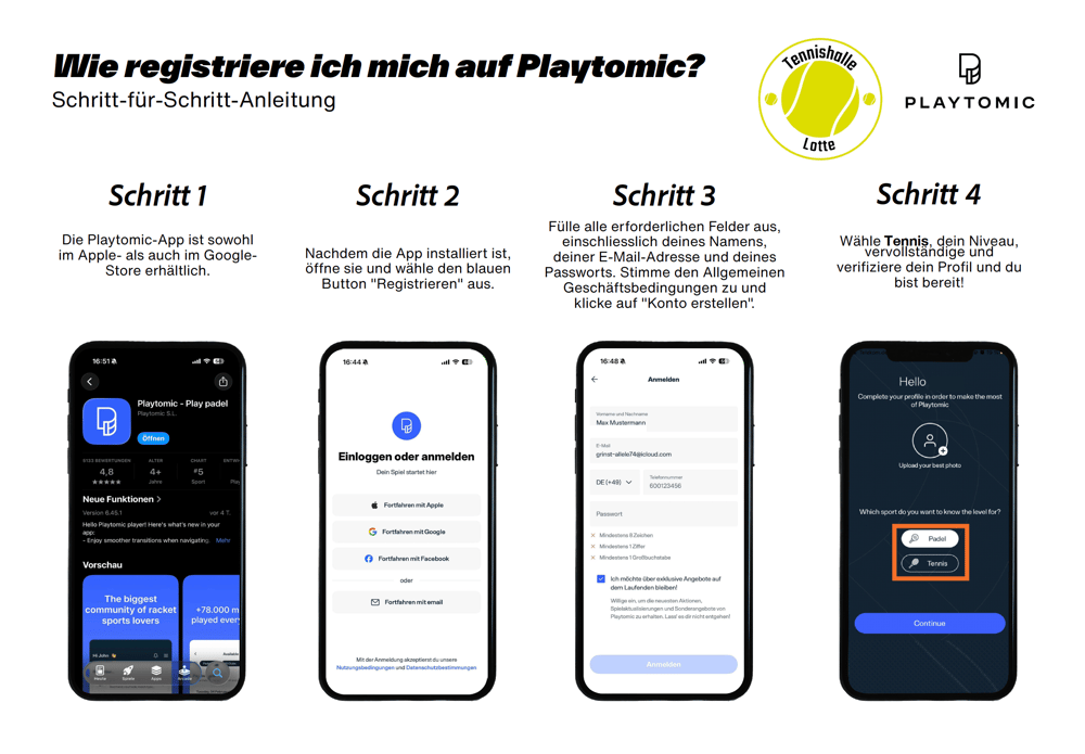 Übersicht Schritt 1 bis 4: App-Store, Registrieren, Konto erstellen, Profil mit Tennis und Niveau