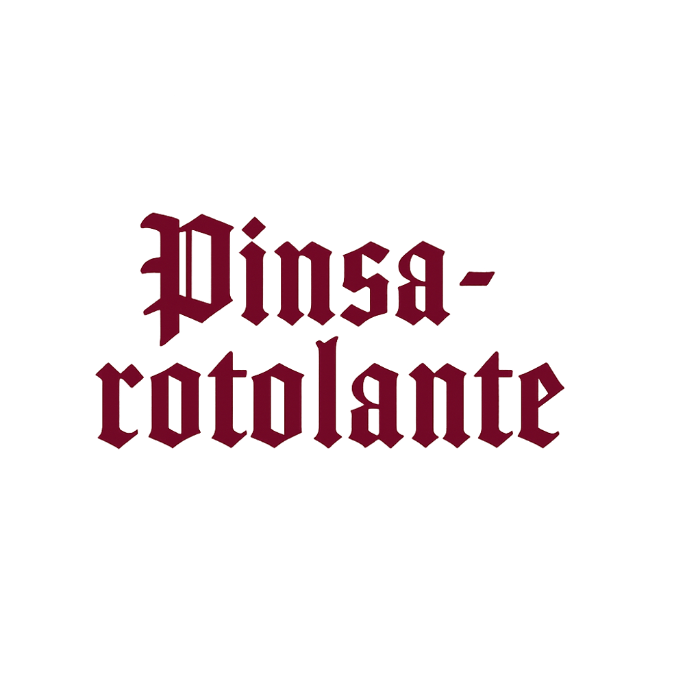 Pinsa-rotolante Logo in dunkelroter, gotischer Schrift auf dunkelgrünem Hintergrund.
