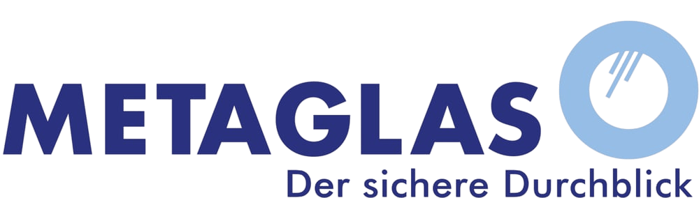 METAGLAS Logo mit dem Slogan "Der sichere Durchblick" und einem blauen Kreis, der einen Blick durch Glas darstellt.