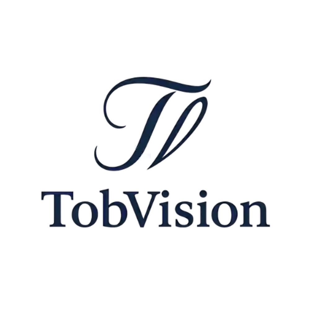 TobVision Logo mit geschwungenem "TV" Monogramm über "TobVision" Schriftzug.