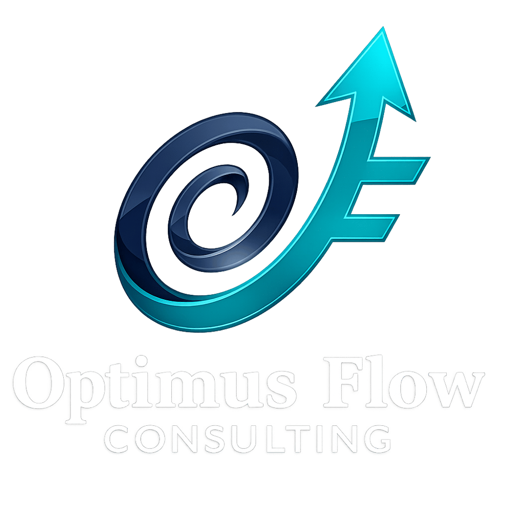 Optimus Flow Consulting Logo: Ein geschwungener blauer Pfeil, der nach oben rechts zeigt, mit dem Text "Optimus Flow Consulting".