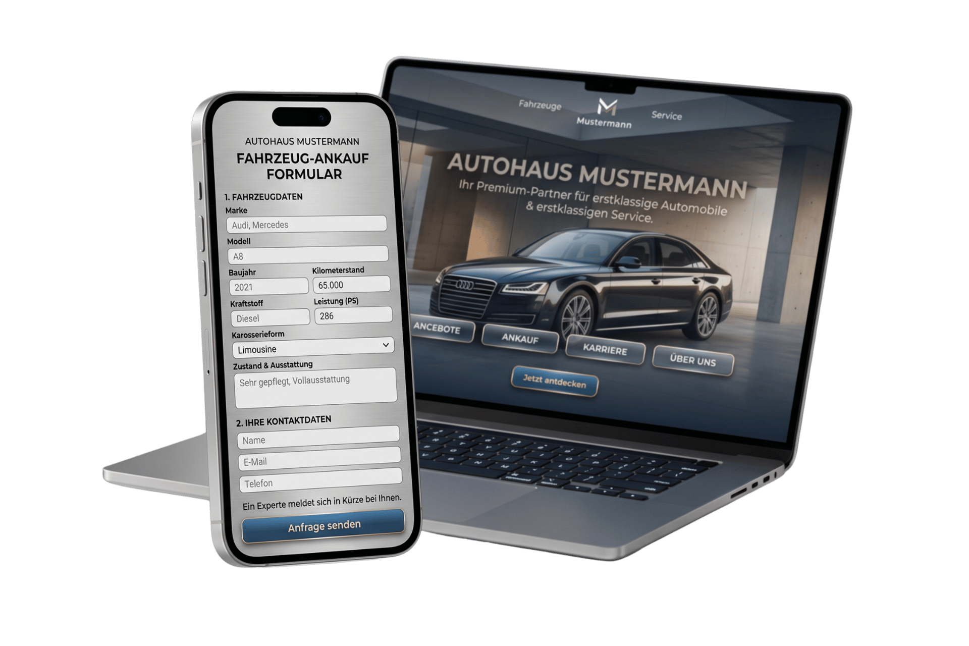 Ankaufs-Website auf Laptop und Smartphone mit Ankaufsformular