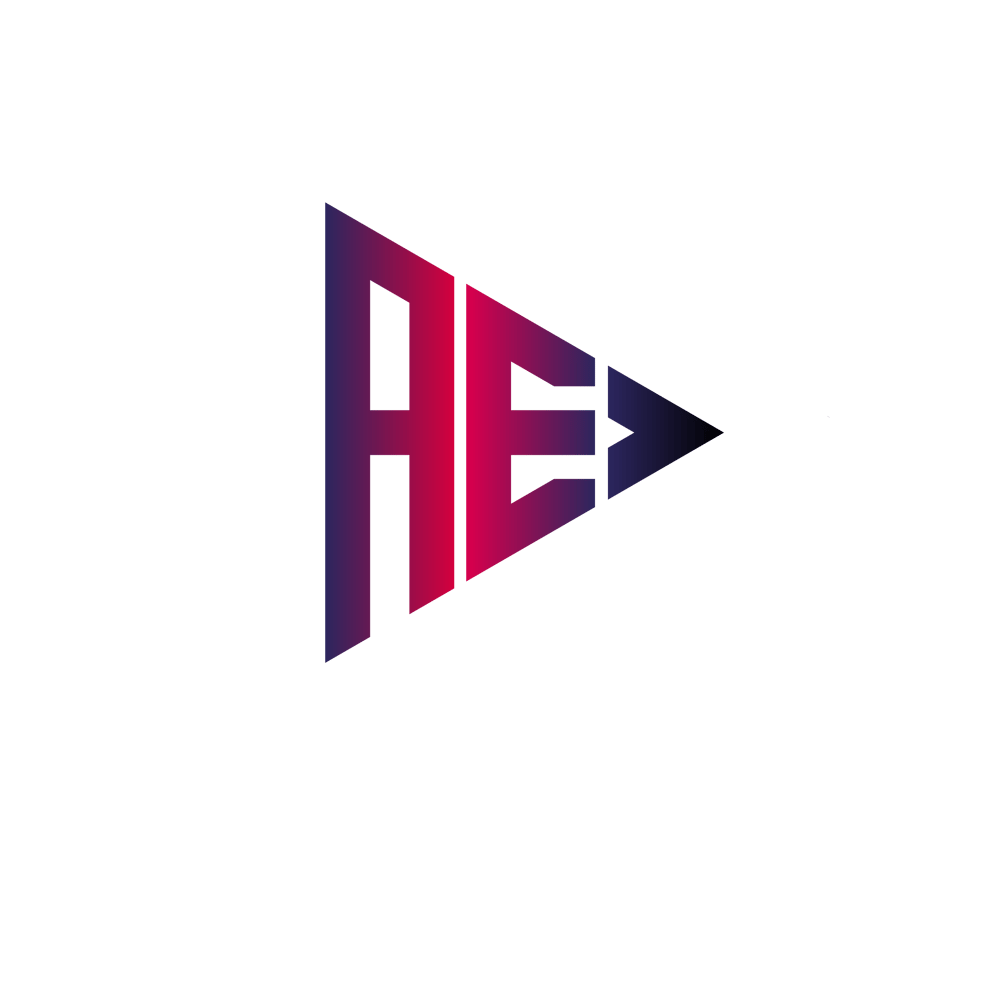 Logo von AE PRODUCTIONS mit den Buchstaben AE in einem violett-roten Dreieck auf schwarzem Grund.