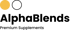 Logo von AlphaBlends, mit einem gelben und einem schwarzen Kreis über dem Firmennamen und dem Text "Premium Supplements".