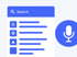 Eine Suchleiste mit "Search" und einem Lupensymbol, darunter eine Liste mit Symbolen und Text, sowie ein großes Mikrofon-Symbol.