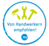 Blauer Kreis mit gelber Rolle, Schraubenschlüssel, Hammer und Text "Von Handwerkern empfohlen! mv"