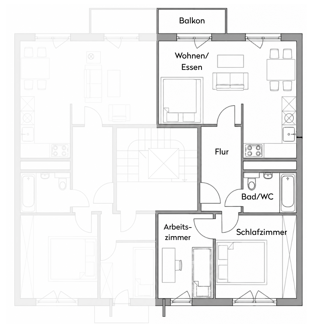 Grundriss Wohnung 150, 2. Obergeschoss links, 37,50 m², Telemannstraße 38 Halle (Saale)