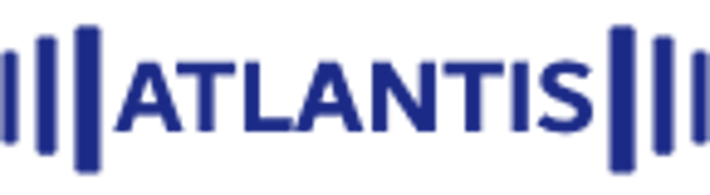 Blauer 3D-Text "ATLANTIS" mit vertikalen blauen Balken links und rechts, die eine Hantelstange bilden.