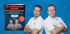 Two men in white shirts with a book titled "DIE 5 GEFÄHRLICHSTEN FORTINET-FEHLKONFIGURATIONEN" on a blue background.