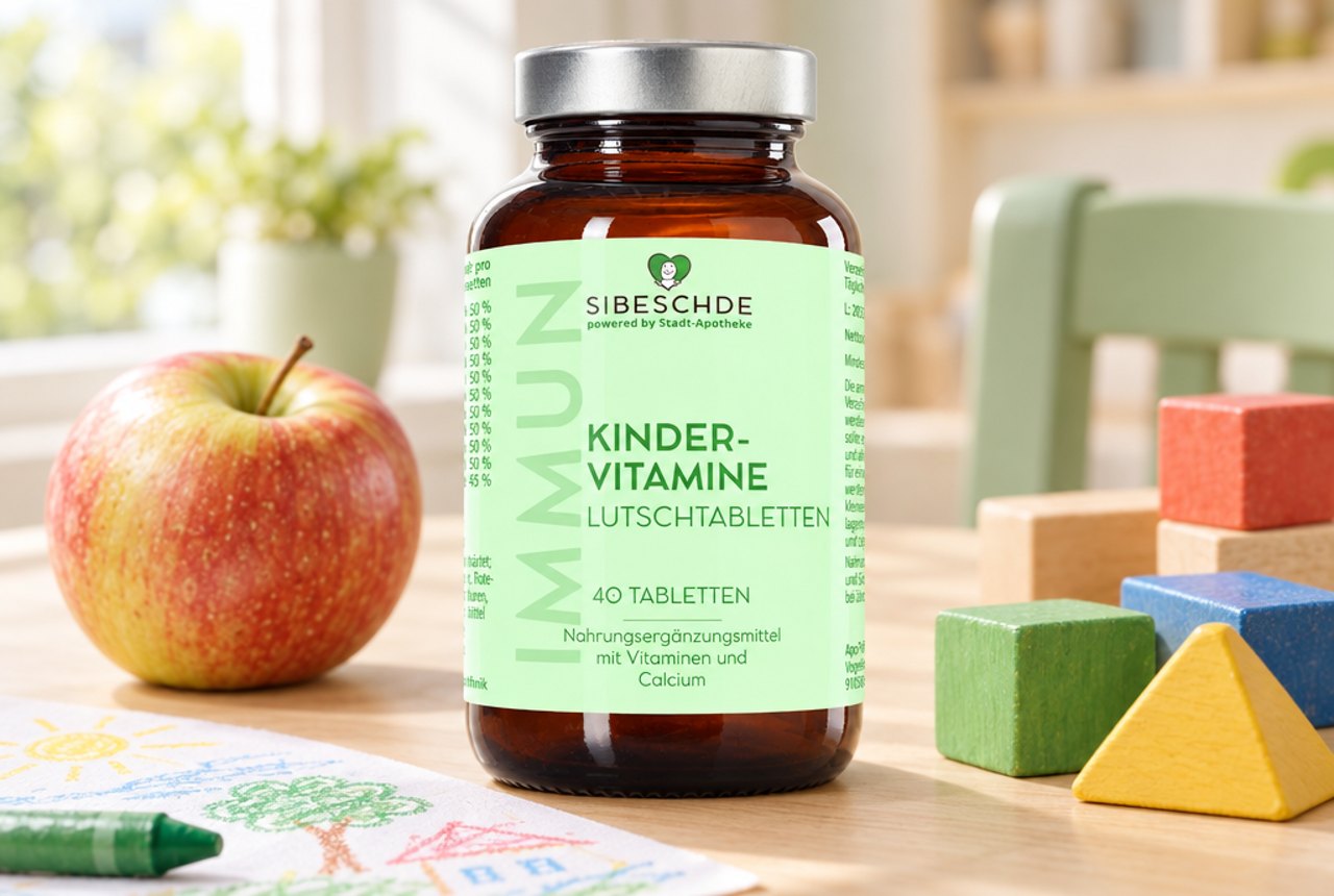 S|BESCHDE Kindervitamine Lutschtabletten auf einem Kinder-Frühstückstisch mit Apfel, bunten Holzbausteinen und Kinderzeichnung