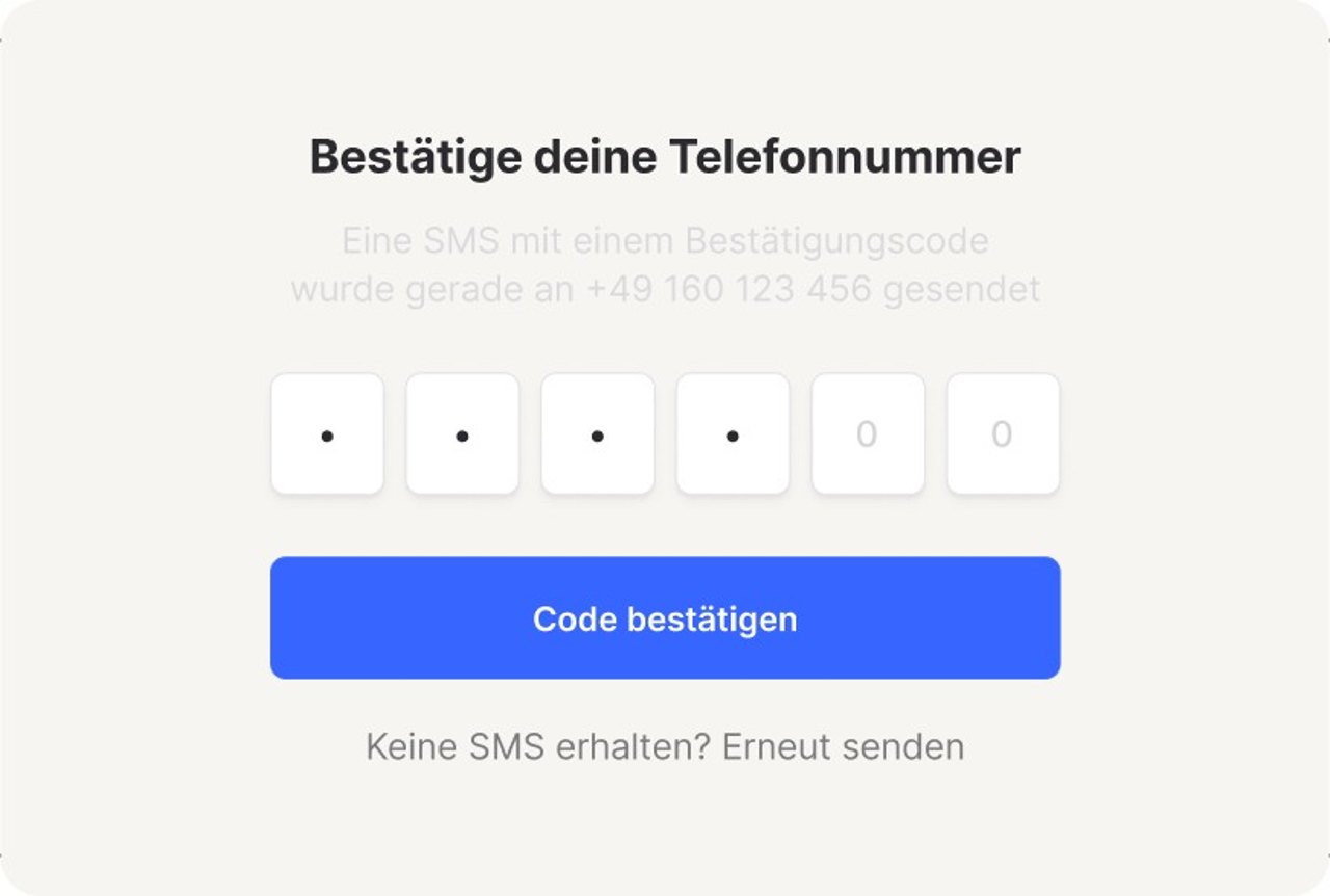 Bestätigung der Telefonnummer per Code