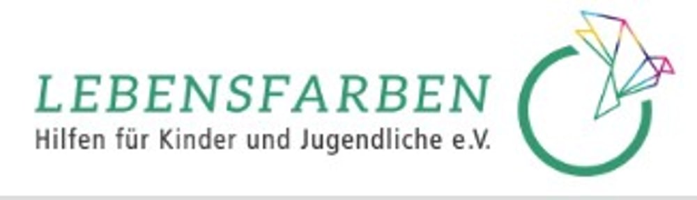 Lebensfarben Hilfen für Kinder und Jugendliche e.V. Logo mit buntem Origami-Vogel in einem grünen Kreis.