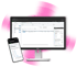 Sage Software Dashboard auf einem Desktop-Monitor und einem Smartphone vor lilafarbenem, kreisförmigem Hintergrund.