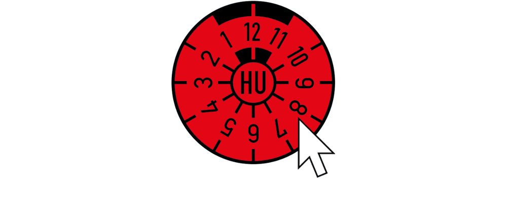 Blaue HU-Plakette mit Zahlen 1-12 und weißem Cursor, der auf die "8" zeigt, dazu der Text "Jetzt Termin sichern!".