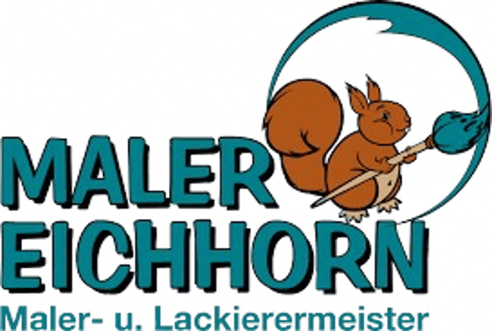 Maler Eichhorn Logo: Eichhörnchen mit Pinsel, Schriftzug "MALER EICHHORN Maler- u. Lackierermeister".