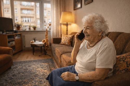 Ältere Frau telefoniert lächelnd auf dem Sofa