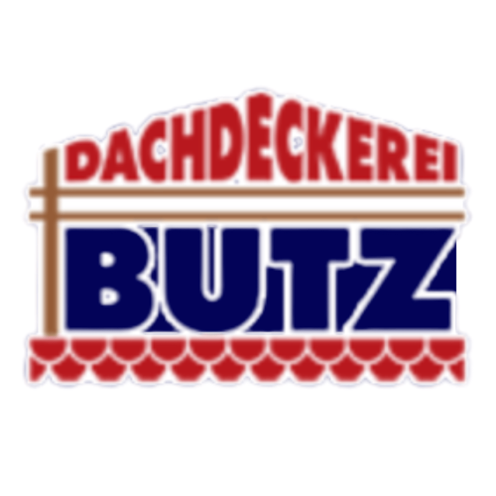 Dachdeckerei Butz Logo: Roter Text "Dachdeckerei" über blauem Text "Butz", darunter rote Dachziegel.