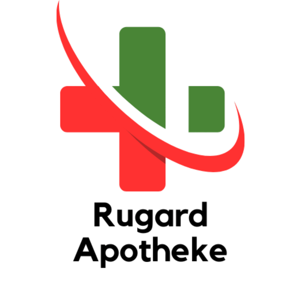Logo der Rugard Apotheke – rotes und grünes Kreuz mit geschwungener roter Linie, moderne Apothekenmarke in Bergen für Rezepte, Beratung und Medikamentenservice.