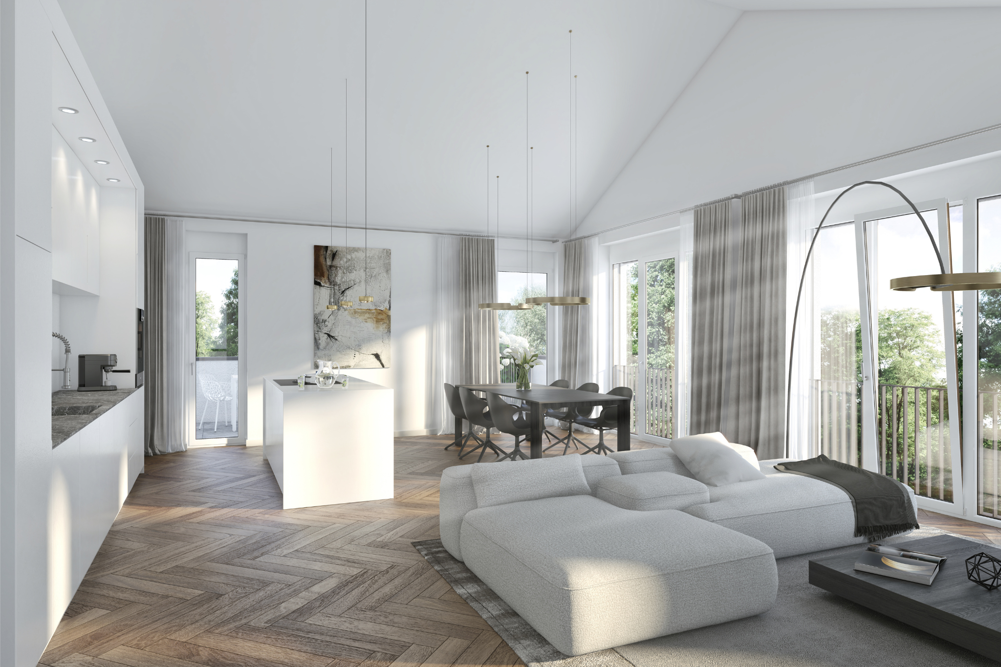 Wohn- und Kochbereich im Penthouse mit Dachschräge und Fischgrätparkett