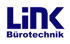 Link Bürotechnik Logo: Dunkelblaue, stilisierte Großbuchstaben "LiNK" über "Bürotechnik" auf dunkelgrünem Hintergrund.