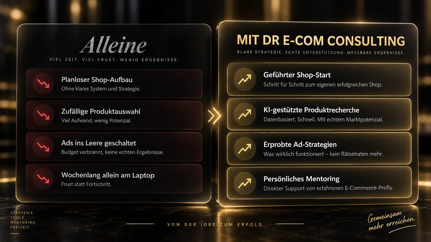 Vergleich: Alleine – planloser Shop-Aufbau, zufällige Produktauswahl, Ads ins Leere, wochenlang allein am Laptop. Mit DR E-Com Consulting – geführter Shop-Start, KI-gestützte Produktrecherche, erprobte Ad-Strategien, persönliches Mentoring.