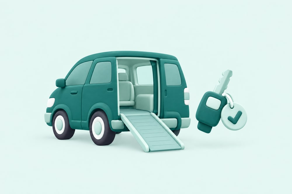 Illustration: Kleinbus mit Seitenlift und Autoschlüssel mit Haken