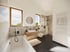 Visualisierung: Bad mit Badewanne, bodengleicher Dusche, schwarzen Armaturen und Fliesen in Onyx-Optik