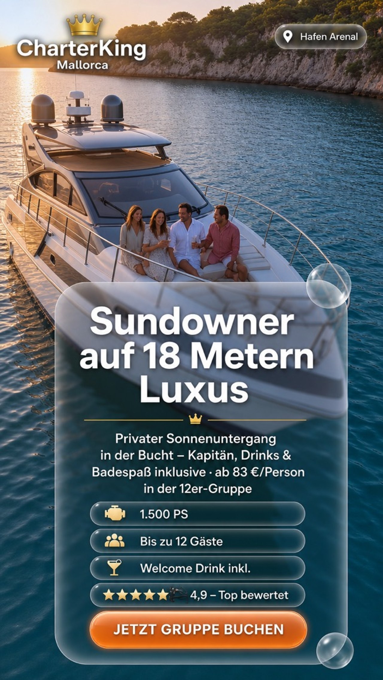 Charterking Mallorca Anzeige: Gruppe auf einer Motoryacht bei Sonnenuntergang, Text Sundowner auf 18 Metern Luxus mit Preis pro Person und Button Jetzt Gruppe buchen