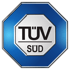 Blaues, achteckiges TÜV SÜD Logo mit weißem Rand und dem Schriftzug "TÜV SÜD".