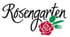 Rosengarten-Logo mit roter Rose, grünem Blatt, Gabel und Messer.
