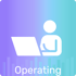 Person arbeitet am Laptop mit Text „Operating“ und Hintergrundgrafik.