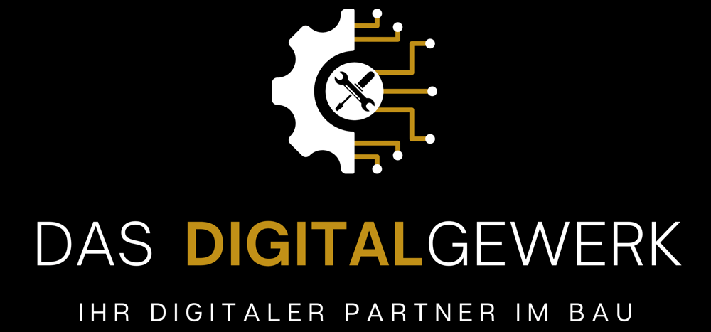Logo mit Zahnrad, Schraubenschlüssel und Schraubendreher; Text: DAS DIGITALGEWERK IHR DIGITALER PARTNER IM BAU.