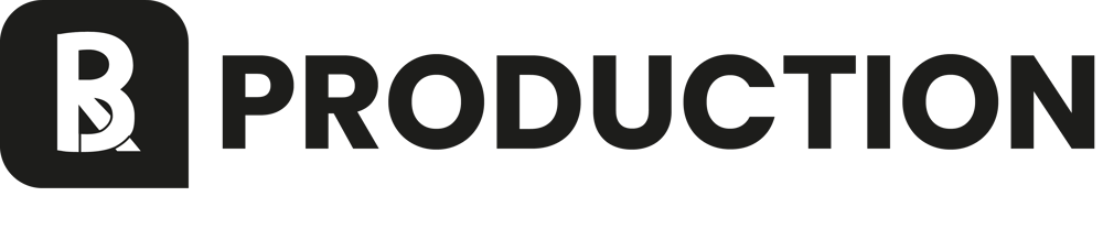 Logo mit einem weißen "BR" in einem schwarzen Quadrat, gefolgt von dem schwarzen Wort "PRODUCTION".