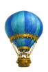 Blaues Heißluftballon mit goldenen Verzierungen und Korb.