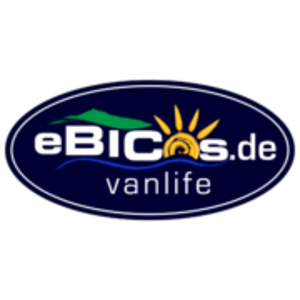Dunkelblaues, ovales Logo mit Text "eBICos.de vanlife" und stilisierten Bergen, Sonne und Meer.