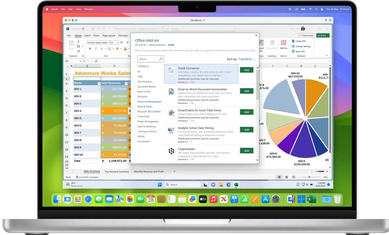 MacBook Pro mit Parallels Desktop: Excel für Windows mit Tabelle, Diagramm und Add-in-Bereich im Fenster auf macOS