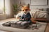 Ein Fuchs sitzt in einem Schlafzimmer auf dem Boden, packt einen Koffer und hält ein Smartphone.