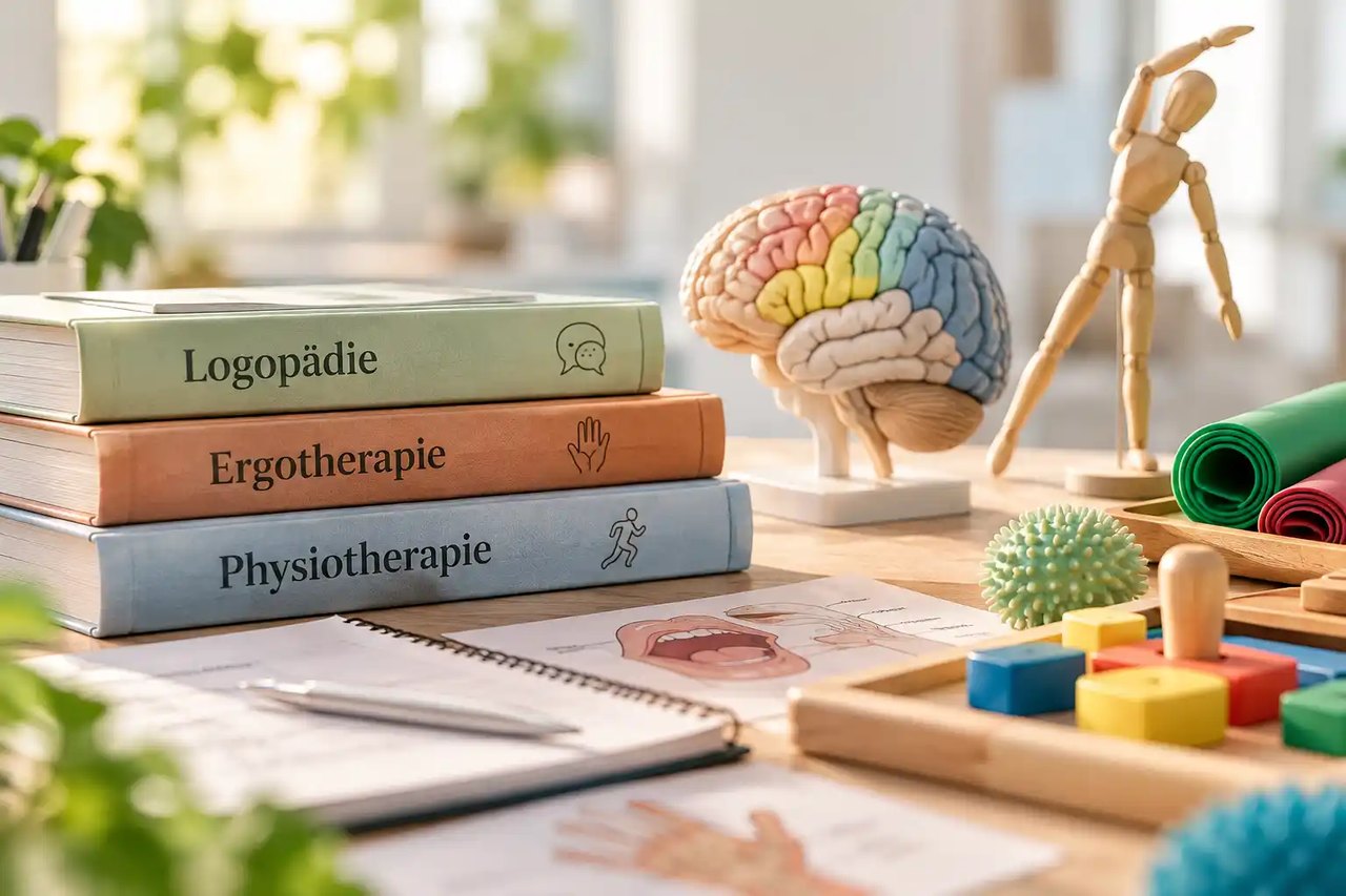 Bücher zu Logopädie, Ergotherapie und Physiotherapie neben einem Gehirnmodell
