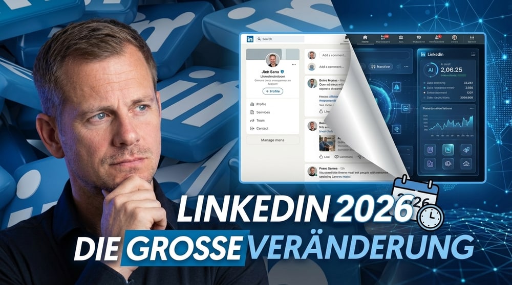 Ein Mann denkt nach, im Hintergrund LinkedIn-Symbole, davor "LinkedIn 2026 Die große Veränderung" und LinkedIn-Bildschirme.