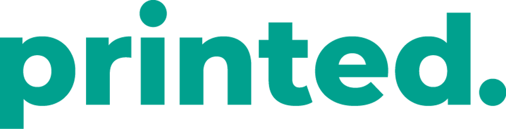 Türkiser Text "printed." auf dunkelgrünem Hintergrund.