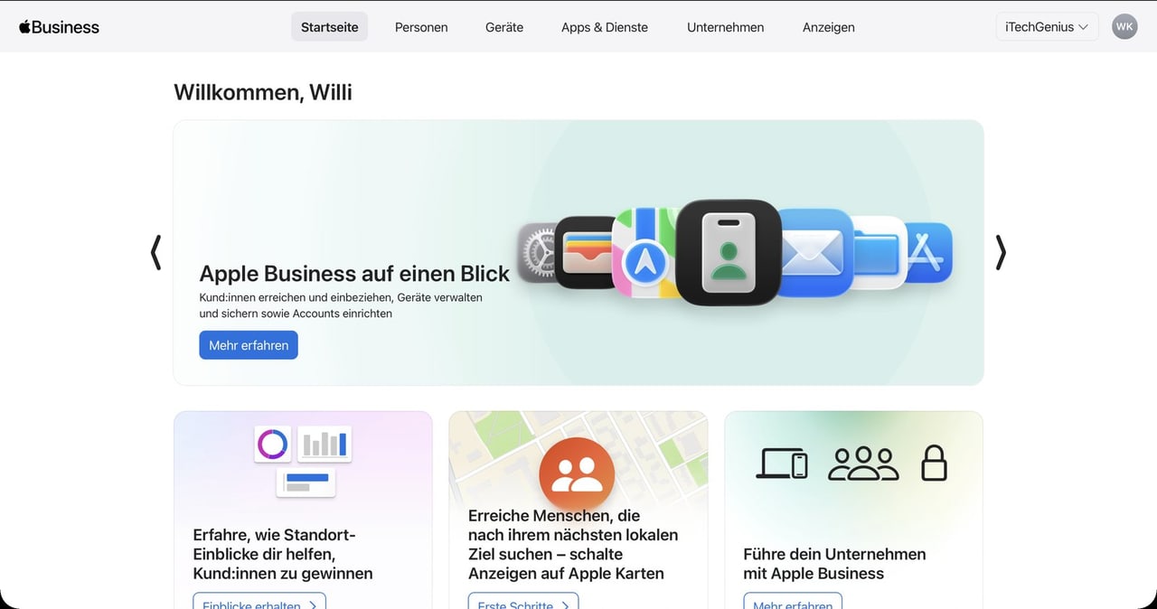Apple Business, Startseite nach der Anmeldung mit der Navigation Personen, Geräte, Apps und Dienste