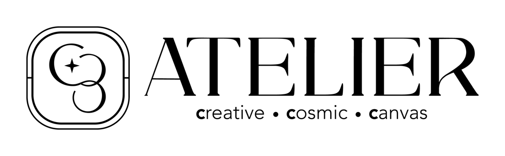 Logo ATELIER mit den Wörtern "creative", "cosmic", "canvas" und einem stilisierten "GS" in einem Rahmen.