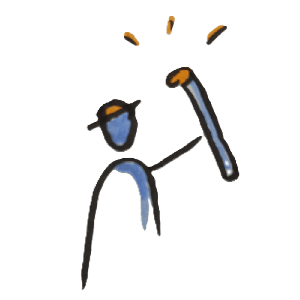 Strichmännchen mit Hut schwingt einen Hammer, Funken fliegen.