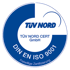 TÜV Nord Cert GmbH Siegel für freiwillige Zertifizierung nach DIN EN ISO 9001 in Blau und Weiß.