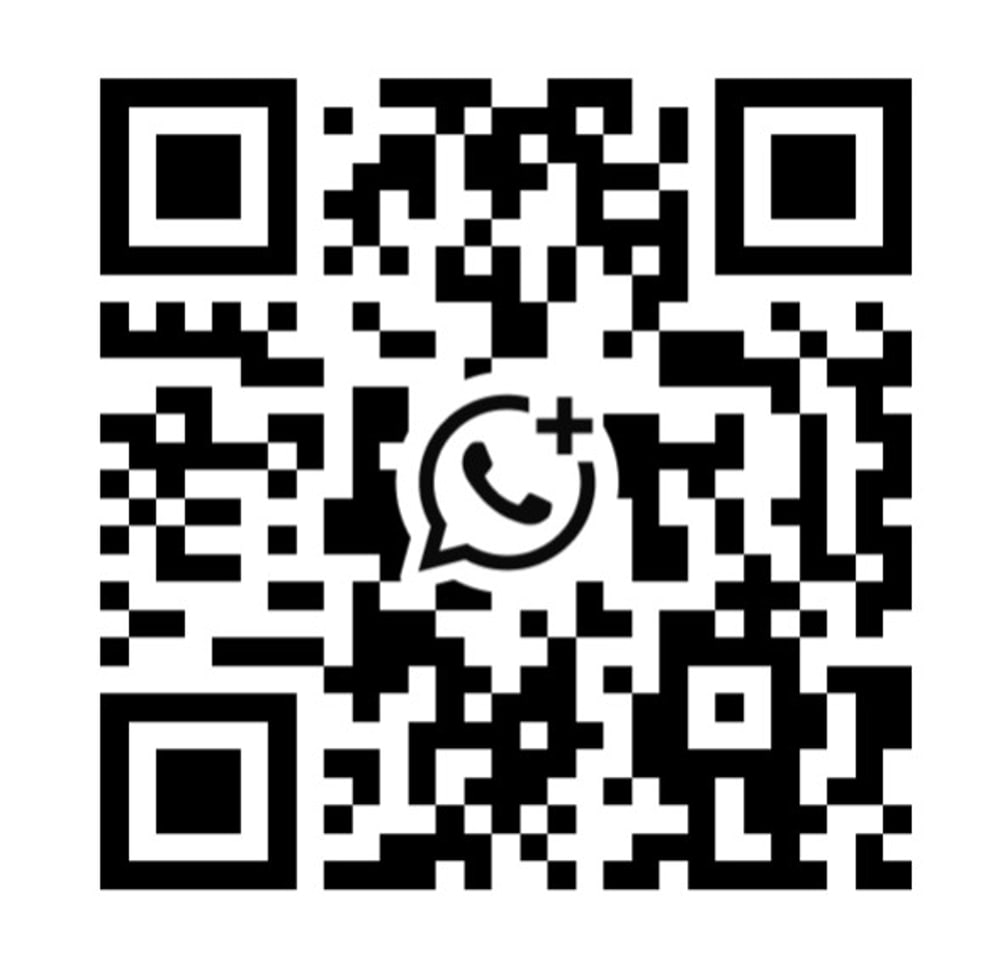QR-Code mit WhatsApp-Logo und Pluszeichen in der Mitte zum Scannen.