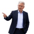 Ein Mann in Anzug und Hemd mit Brille zeigt mit dem linken Zeigefinger nach links.