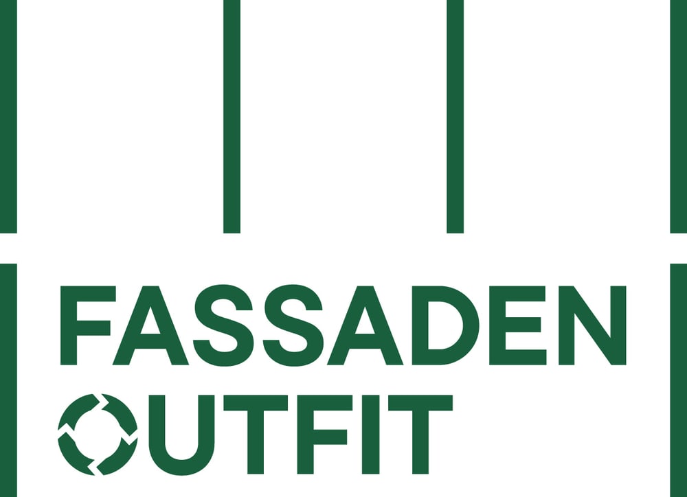Grünes Logo mit dem Text "FASSADEN OUTFIT" und einem Kreispfeil-Symbol.